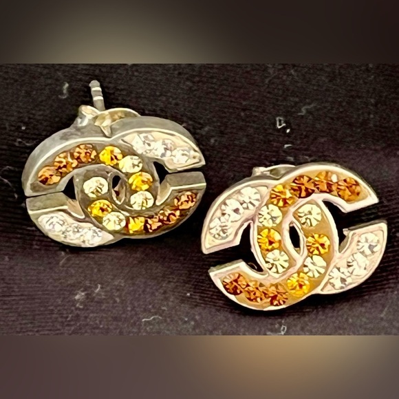 Sterling Silver Linked C’s Earrings Clear, Gold, Copper Rhinestone Crystals Gift - Picture 1 of 12